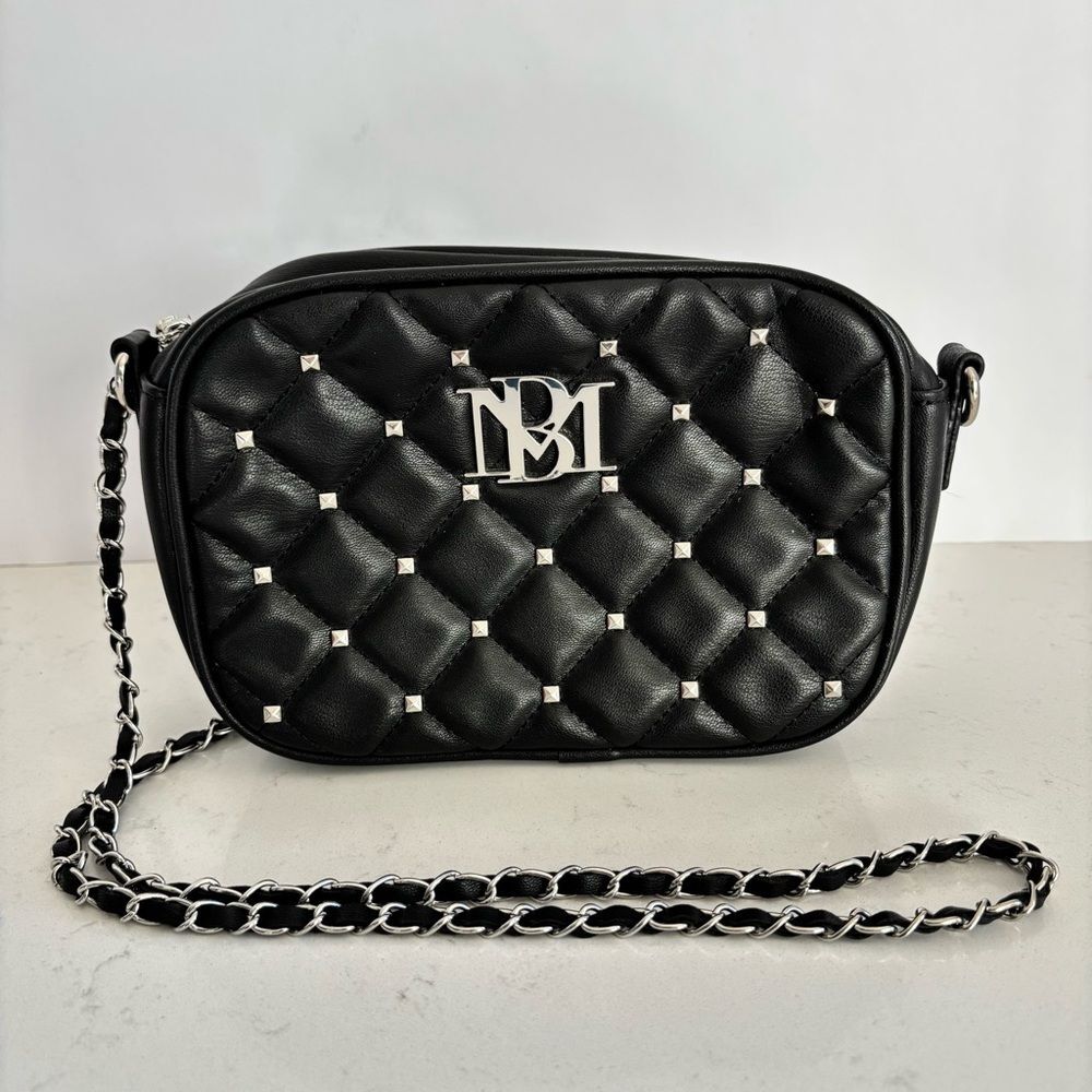 Badgley Mischka Y2K Quilted Studded Camera Crossbody Bag Black Chain Strap